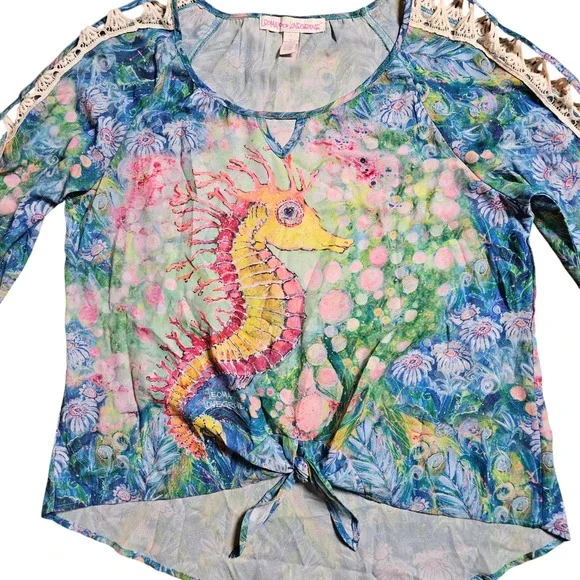 Leoma Lovegrove Seahorse Tie Waist Art to Wear Top Watercolor L Laced Sleeves - Picture 5 of 12